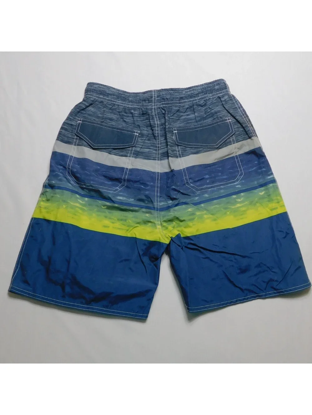 Quad Seven Boys Swim Trunks Size 12 14 Blue Lime Green Striped Bathing Suit Mes